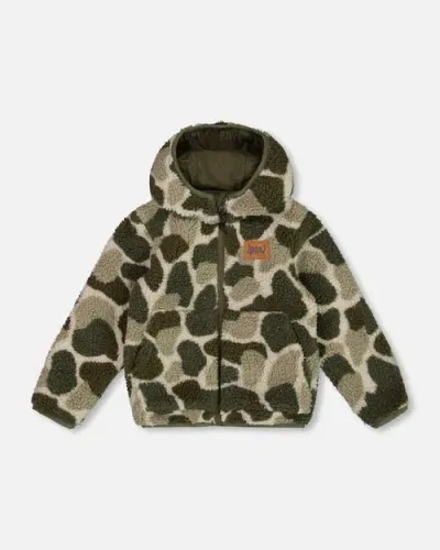 Deux Par Deux Boy's Reversible Soft Fleece Jacket Camouflage Green In Kombu Green