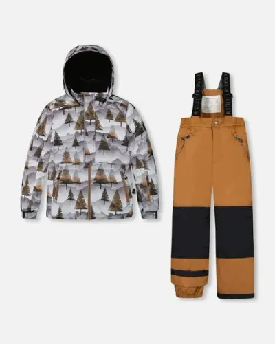 Deux Par Deux Kids'  Boy's Two Piece Snowsuit Grey Landscape Printed Brown Trees And Brown In Thrush