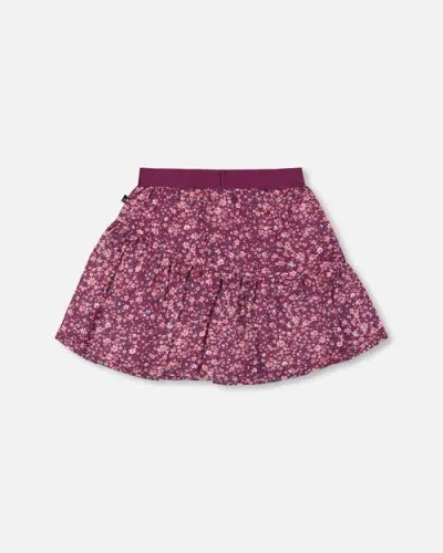 Deux Par Deux Kids'  Girl's Asymmetric Ruffle Skirt Burgundy Printed Little Flowers In Mini Flowers On Burgundy