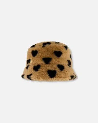 Deux Par Deux Kids'  Girl's Faux Fur Bucket Hat Caramel Printed Heart In Printed Flowers