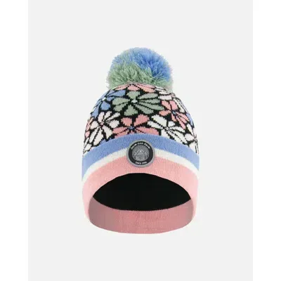 Deux Par Deux Babies'  Girl's Knit Hat Blue, Pink And White Retro Flowers In Flowers Jacquard