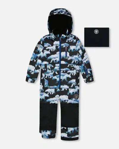 Deux Par Deux Kids'  Girl's One Piece Snowsuit Black Printed Polar Bears In Printed Bears