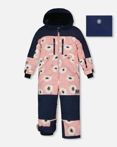 Deux Par Deux Kids'  Girl's One Piece Technical Snowsuit Pink Printed Off White Flowers