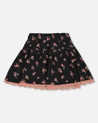 Deux Par Deux Kids'  Girl's Printed Flowers Flare Viscose Skirt Black In Small Flowers On Black