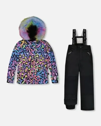 Deux Par Deux Kids'  Girl's Two Piece Snowsuit Printed Rainbow Leopard And Black In Anthracite