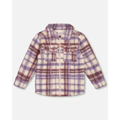 Deux Par Deux Kids'  Girl's Zip Front Soft Fleece Overshirt Plaid Purple And White