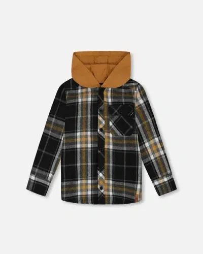 Deux Par Deux Kids'  Little Boy's Button Down Flannel Shirt With Hood Plaid Black And Caramel In Plaid Black & Tan