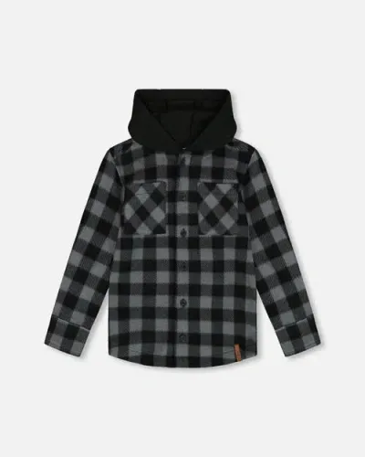 Deux Par Deux Kids'  Little Boy's Polar Fleece Shirt With Hood Black Plaid In Plaid Grey & Black