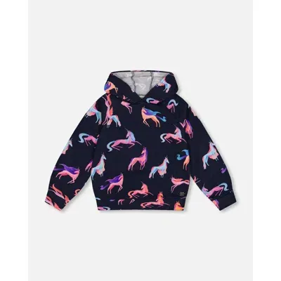 Deux Par Deux Kids'  Little Girl's Hooded Sweatshirt Navy Printed Unicorn In Printed Unicorns