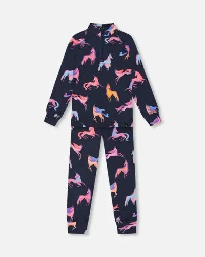 Deux Par Deux Kids'  Little Girl's Two Piece Thermal Underwear Set Navy Printed Unicorn In Printed Unicorns