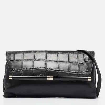 Pre-owned Diane Von Furstenberg Black Croc Embossed And Leather Flap 440 Shoulder Bag