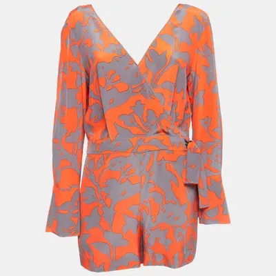 Pre-owned Diane Von Furstenberg Orange/grey Abstract Print Silk Playsuit M