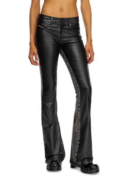 Diesel Bootcut Pants In Leather And Denim In Black