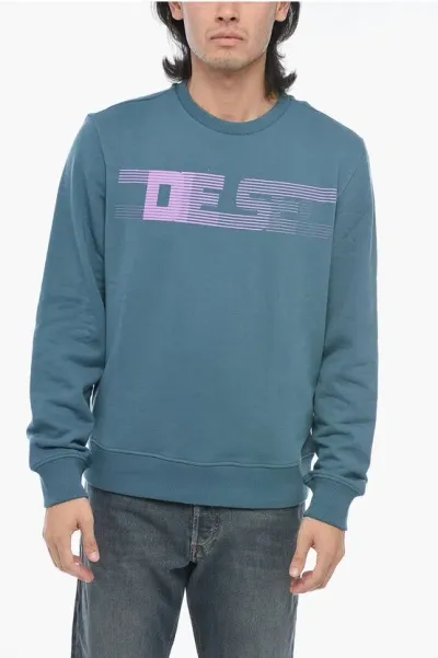 Diesel Brushed Cotton S-ginn-e3 Crewneck Sweatshirt With Logo Print In Blue