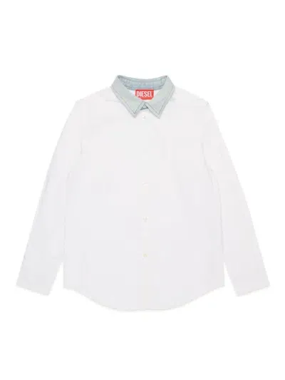 Diesel Kids' Denim-collar Long-sleeve Shirt In White