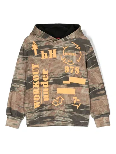 Diesel Kids' Graphic-print Cotton Hoodie In Brown