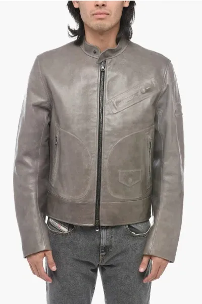 Diesel Zip-up Leather Jacket In Grey