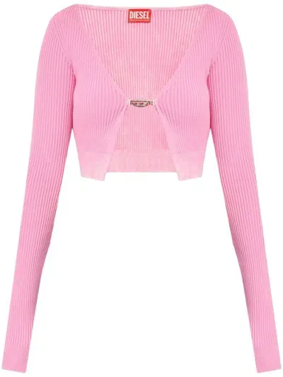 Diesel Ribbed Cropped Sweater With Iconic Closure Detail In Pink