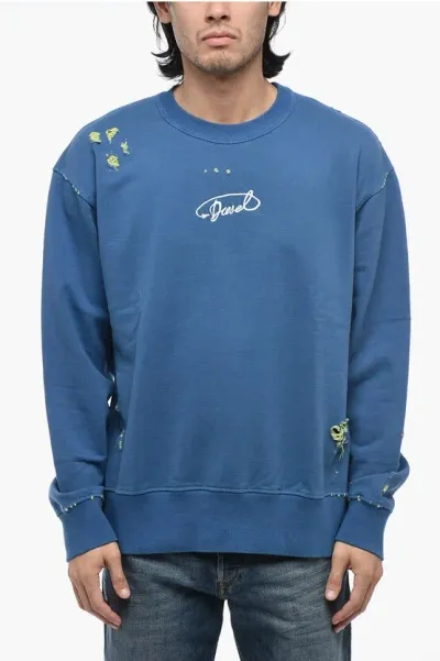 Diesel S-macs-l2 Distressed Sweatshirt With Embroidered Logo In Blue