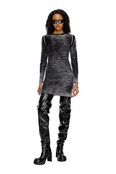 Diesel Short Dress In Treated Wool Knit In Black