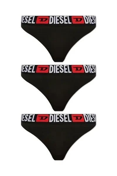 Diesel Three Pack Of Logo Waistband Thongs In Black