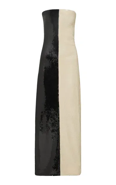 Dima Ayad Half And Half Sequined Strapless Dress In Black,white