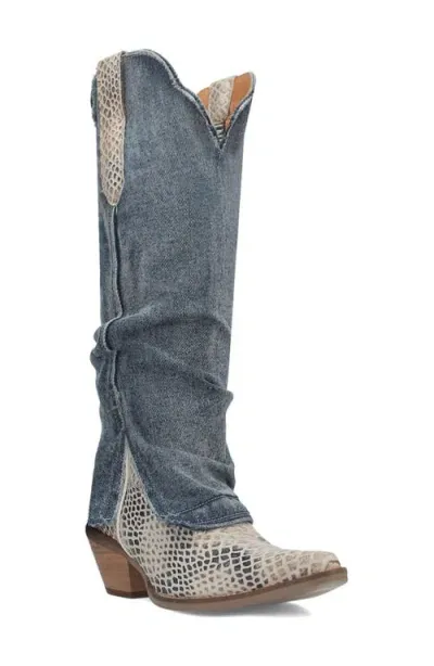 Dingo Knee High Denim & Snakeskin Embossed Western Boot In Blue