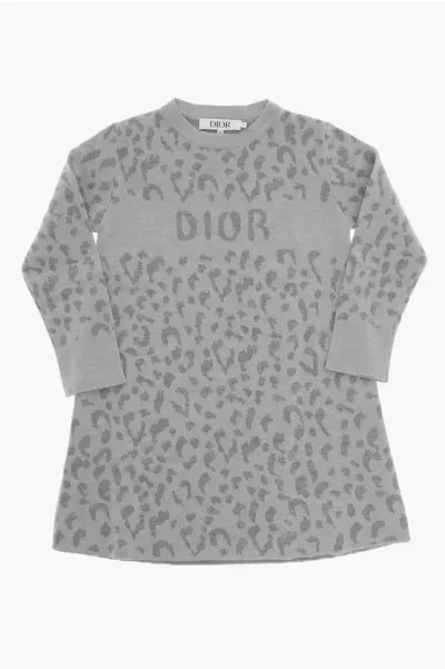 Dior Animal Patterned Crew-neck Dress In Gray