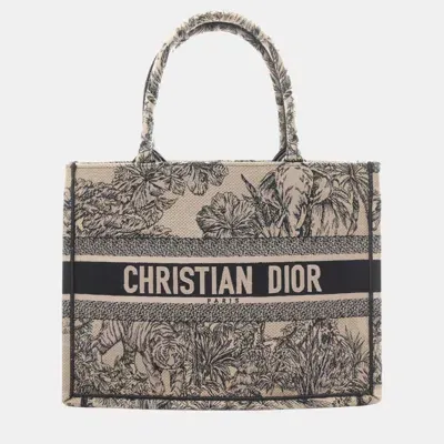 Pre-owned Dior Christian  Canvas Beige Black Book Tote Medium Embroidery Bag