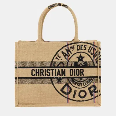 Pre-owned Dior Christian  Jute Canvas Beige Union Motif Book Tote Medium Bag