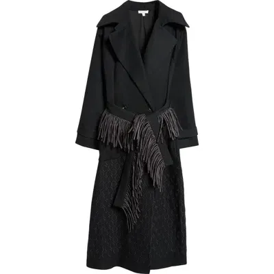 Diotima Fringe Trim Wool Walker Coat In Black