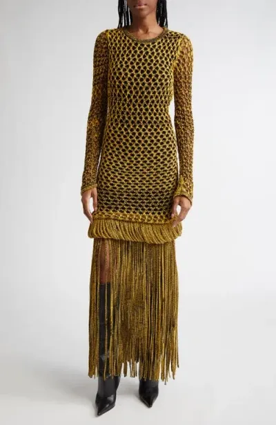 Diotima Medusa Long Sleeve Loop & Fringe Crochet Sweater Dress In Black-yellow