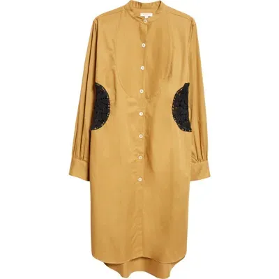 Diotima Minott Long Sleeve Crochet Panel Shirtdress In Khaki