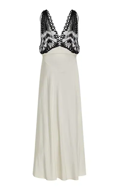 Diotima Pavona Crochet-trimmed Crepe Maxi Dress In Black,white