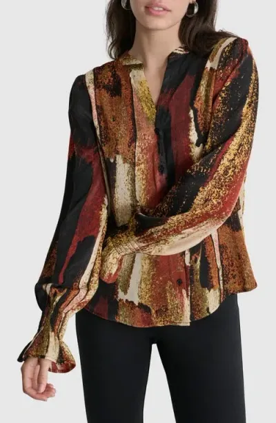 Dkny Abstract Print Split Neck Button-up Shirt In Paint Stroke