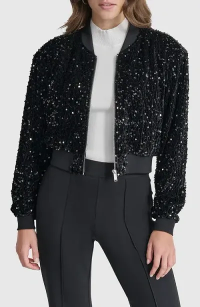 Dkny Sequin Crop Bomber Jacket In Black