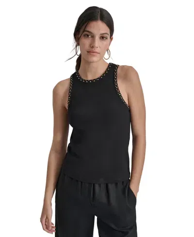 Dkny Women's Crewneck Stud Trim Rib Knit Tank Top In Black