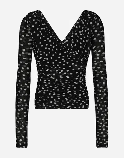 Dolce & Gabbana Stretch Tulle Top With Crossover Neckline And Polka Dot Print In Nero