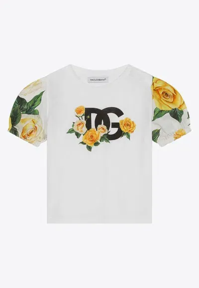 Dolce & Gabbana Baby Girls Logo Rose Print T-shirt In White