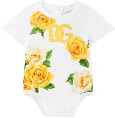 Dolce & Gabbana Kids' Baby White Floral Romper In Ha3vo Rose