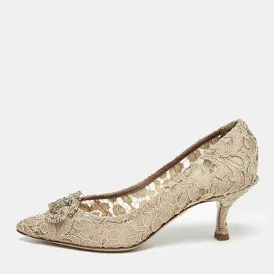 Pre-owned Dolce & Gabbana Beige Lace Dg Amore Crystal Embellished Pointed Toe Pumps Size 36