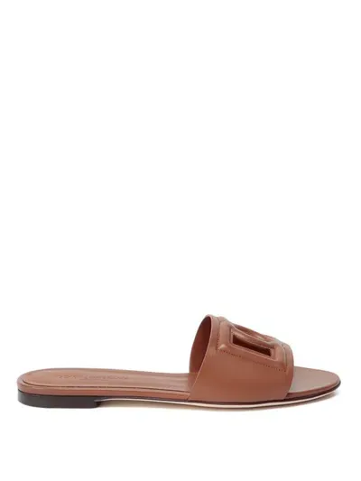 Dolce & Gabbana Bianca Leather Slides In Marrón Claro