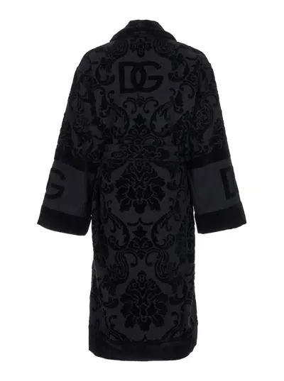 Dolce & Gabbana Black Bath Robe With Matching Belt In Terry Cotton Jacquard