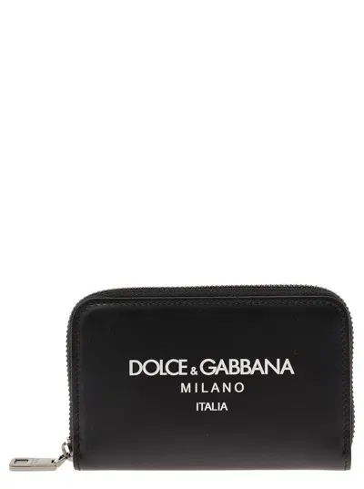 Dolce & Gabbana Black Card-holder With Zip And Logo Print In Leather Man