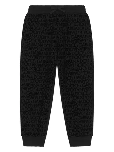 Dolce & Gabbana Kids' Black Joggers With Velvet Logo Motif In Multicolor