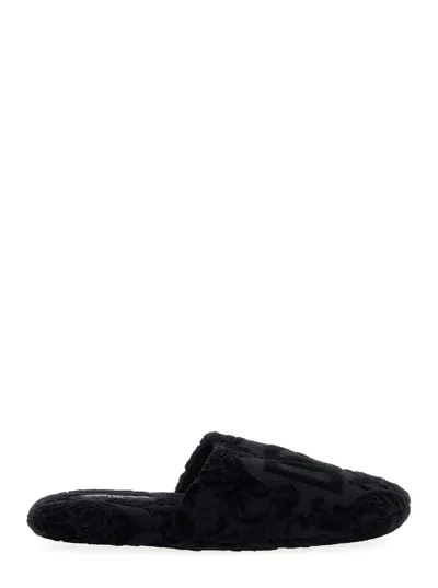 Dolce & Gabbana Black Slippers With Dg Logo Jacquard In Cotton Terry