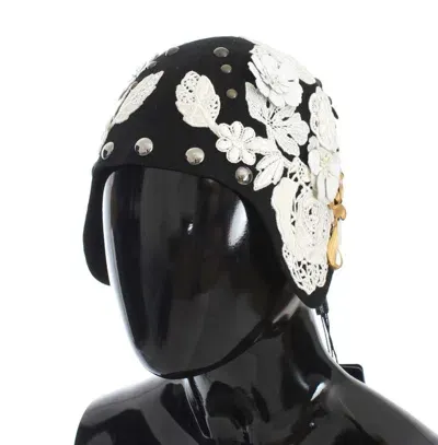 Dolce & Gabbana Black Wool White Floral Gold Leaf Hat