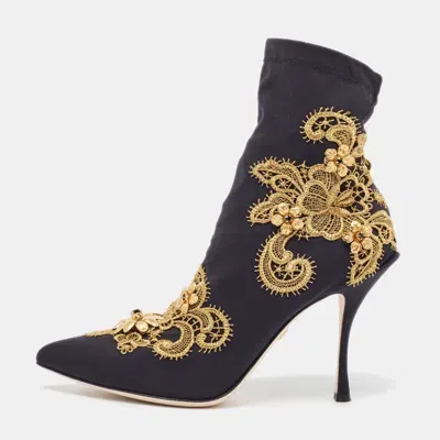 Pre-owned Dolce & Gabbana Black/gold Baroque Embroidered Fabric Lori Ankle Boots Size 39