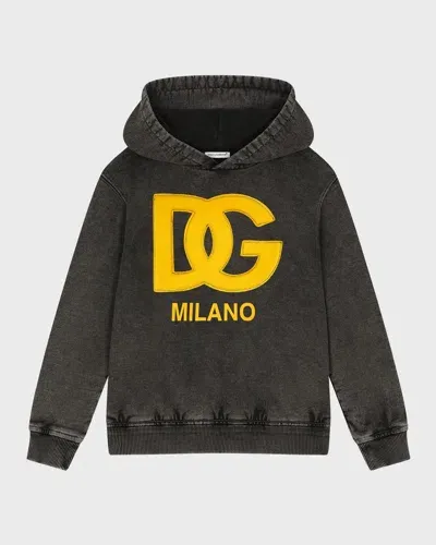 Dolce & Gabbana Kids' Boy's Faded Marble Embroidered Logo-print Hoodie In Black