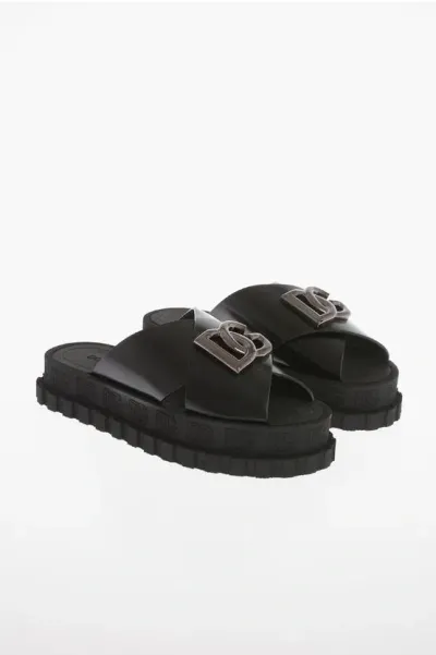 Dolce & Gabbana Brushed Cotton Slides With Statement Logo In Black